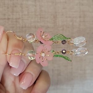Floral Shimmer Pink and Green Beaded Earrings